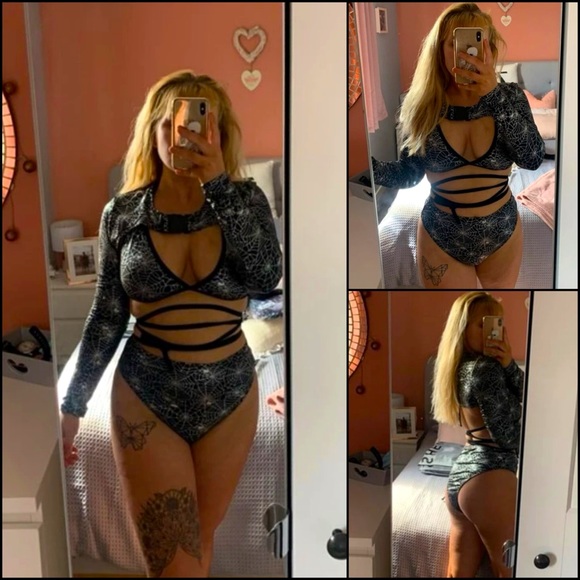 Metallic Spider Web Festival Rave Matching Bikini Arm Bolero Flare Pants Set - Picture 4 of 11